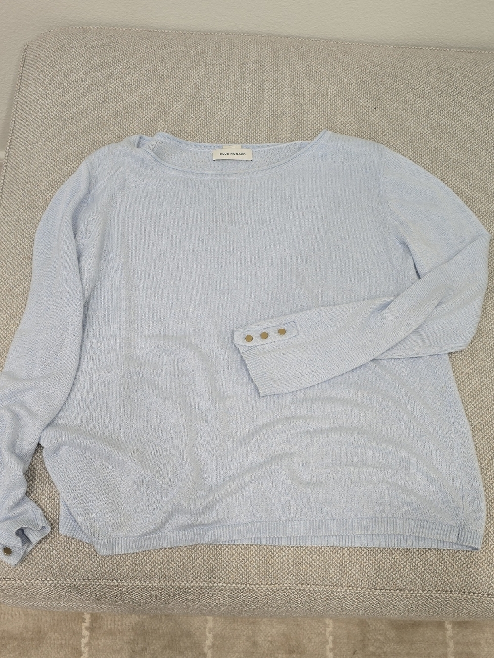 Club Monaco Classic Light Blue Scoop Neck Sweater with Gold Cuff Buttons